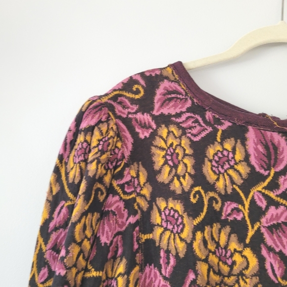 FREE PEOPLE Floral Purple & Yellow Open Back Boat Neck Puff Sleeve Cotton Top - Picture 7 of 15